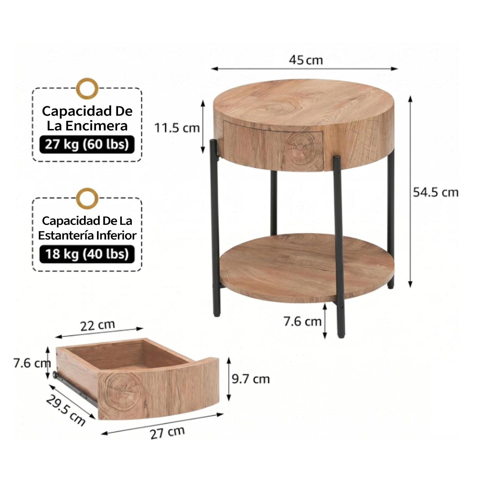 Garvee Mesa Auxiliar Redonda de 50 cm con Cajón, Mesita de Noche de Madera MDF con Diseño de Anillos de Árbol y Patas de Metal para Salón y Dormitorio,Madera Natural