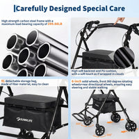 Garvee Caminador de Movilidad Plegable de Acero con Asiento y 4 Ruedas Sistema de Doble Freno Soporta 136kg Altura Ajustable 80.5-91cm Negro
