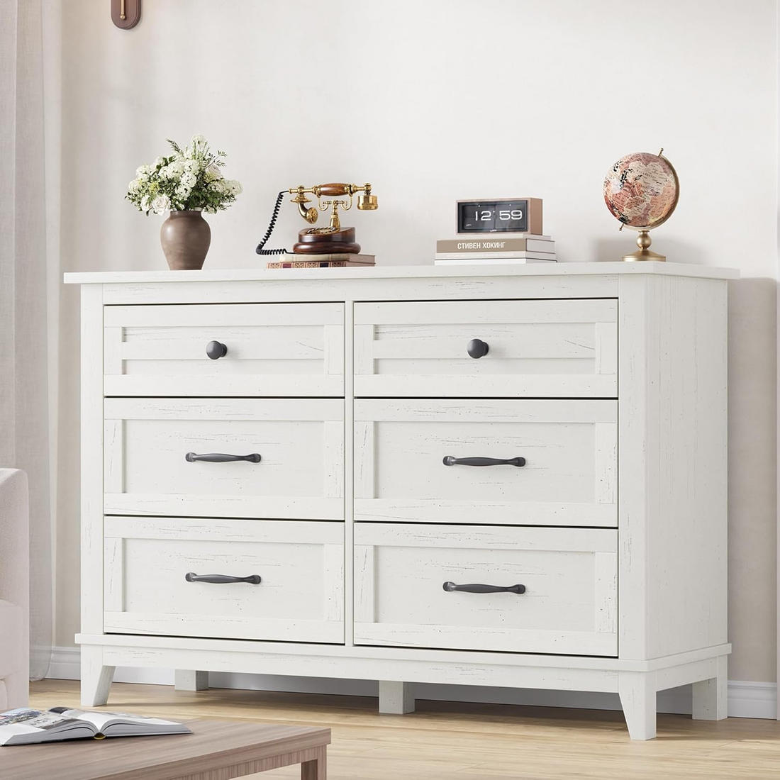GarveeHome Cómoda de 6 Cajones para Dormitorio de Madera MDF con Patas de Metal Cajonera Grande Organizador Moderno 120 cm Blanco