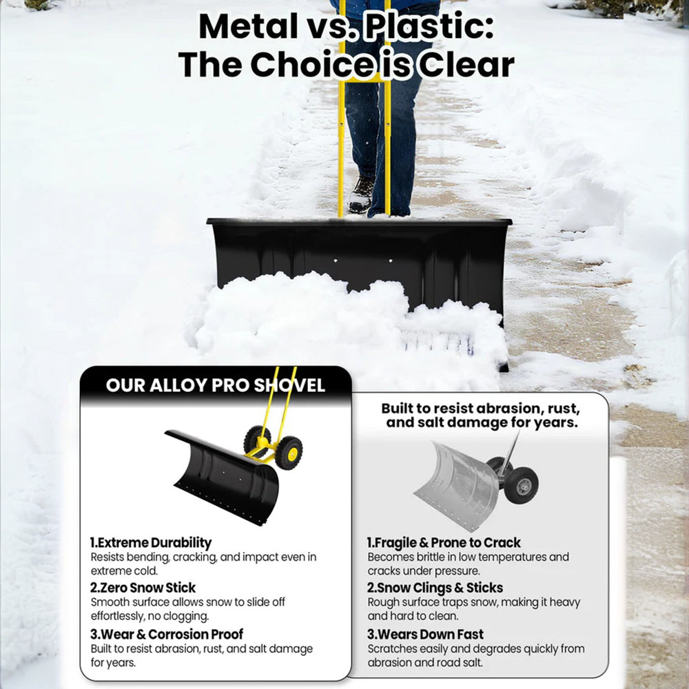 Garvee Pala de Nieve de Acero Galvanizado 73.66 Cm con Ruedas, Hoja Ajustable 7 Posiciones, Mango Ergonómico 5 Niveles, Armazón Robusto para Usuarios Comunes en Entradas y Aceras, Amarillo