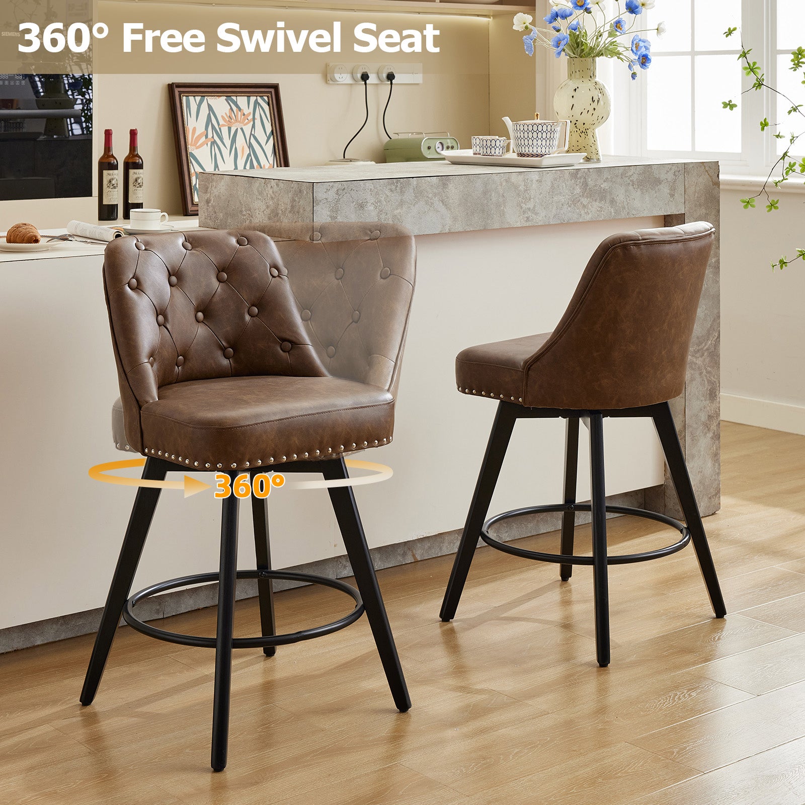 Garvee Taburetes de Bar Giratorios Modernos con Respaldo, Asiento Acolchado de Cuero, Patas de Madera Sólida, Altura 66 cm para Cocina y Bar en Casa, Diseño con Tachuelas, Negro