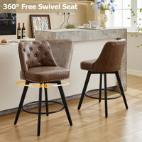 Garvee Taburetes de Bar Giratorios Modernos con Respaldo, Asiento Acolchado de Cuero, Patas de Madera Sólida, Altura 66 cm para Cocina y Bar en Casa, Diseño con Tachuelas, Negro
