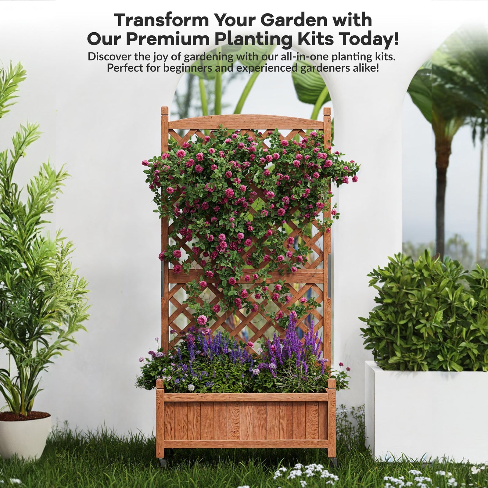 Garvee Jardinera de Madera Con Enrejado y Ruedas Para Patio y Jardín 75x33x150 Cm Café