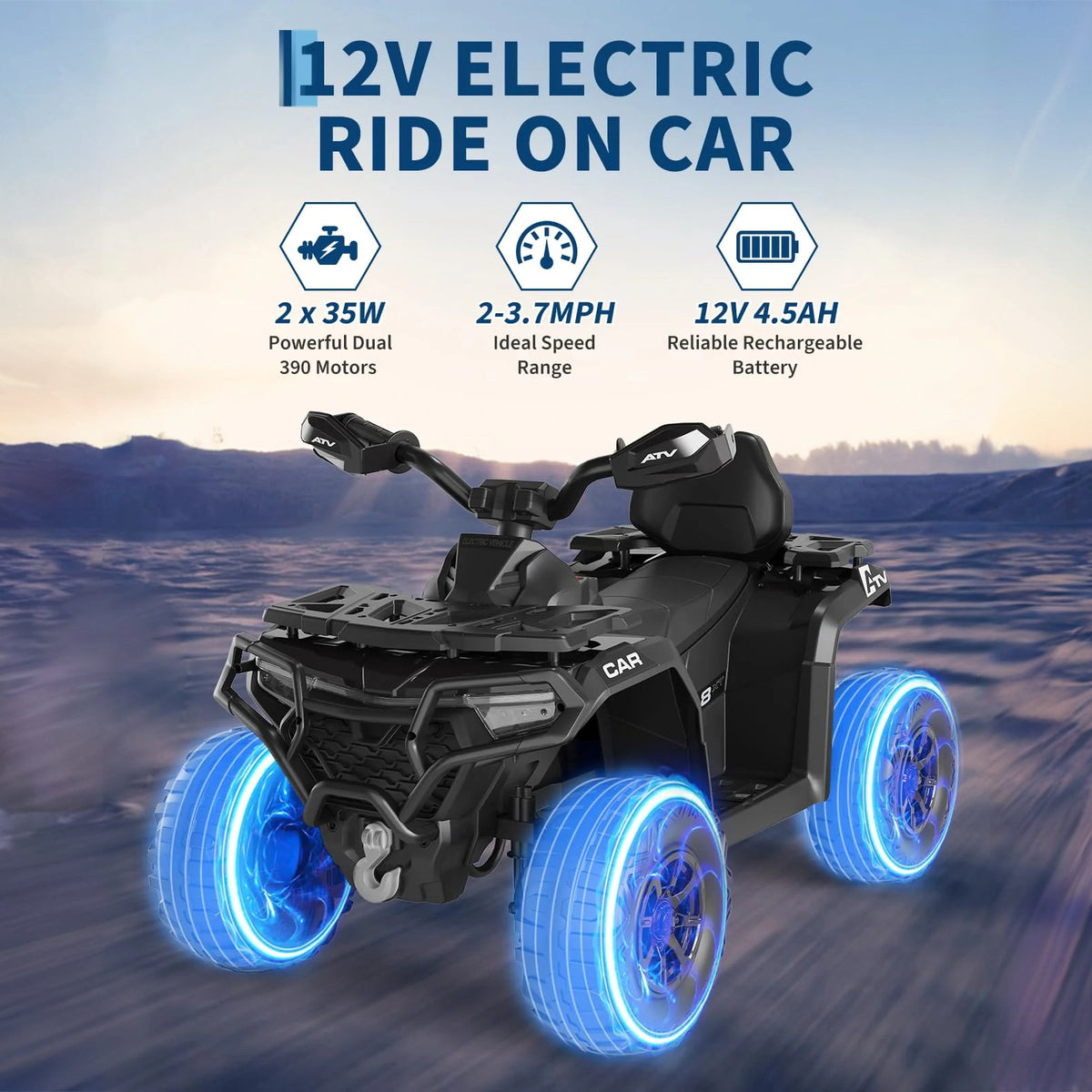 Garvee Quad Eléctrico 12V, 2 Motores, Suspensión Offroad, 4 Ruedas, LED Bluetooth, 3-8años, Exterior, Negro