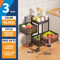 Garvee Carro Organizador Cuadrado de Acero al Carbono 3 Niveles Cestas de Malla Ruedas 360° con Freno para Cocina y Baño Negro