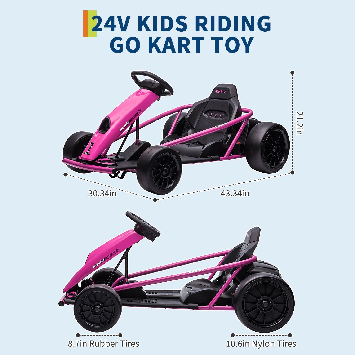 Garvee Go-Kart Eléctrico 24V, 2 Motores 300W, Velocidad 13 km/h, Asiento Amplio, Música, Ruedas EVA Y Nylon, 8-12 años, Exterior, Rosa Fucsia