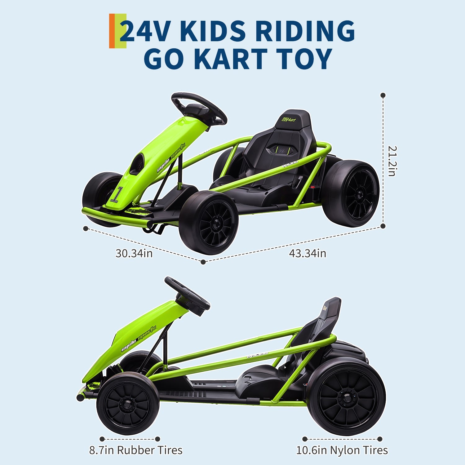 Garvee Go-Kart Eléctrico 24V, 2 Motores 300W, Velocidad 13 km/h, Asiento Amplio, Frenos de Seguridad, Música y Hupe, 8-12 años, Exterior, Verde