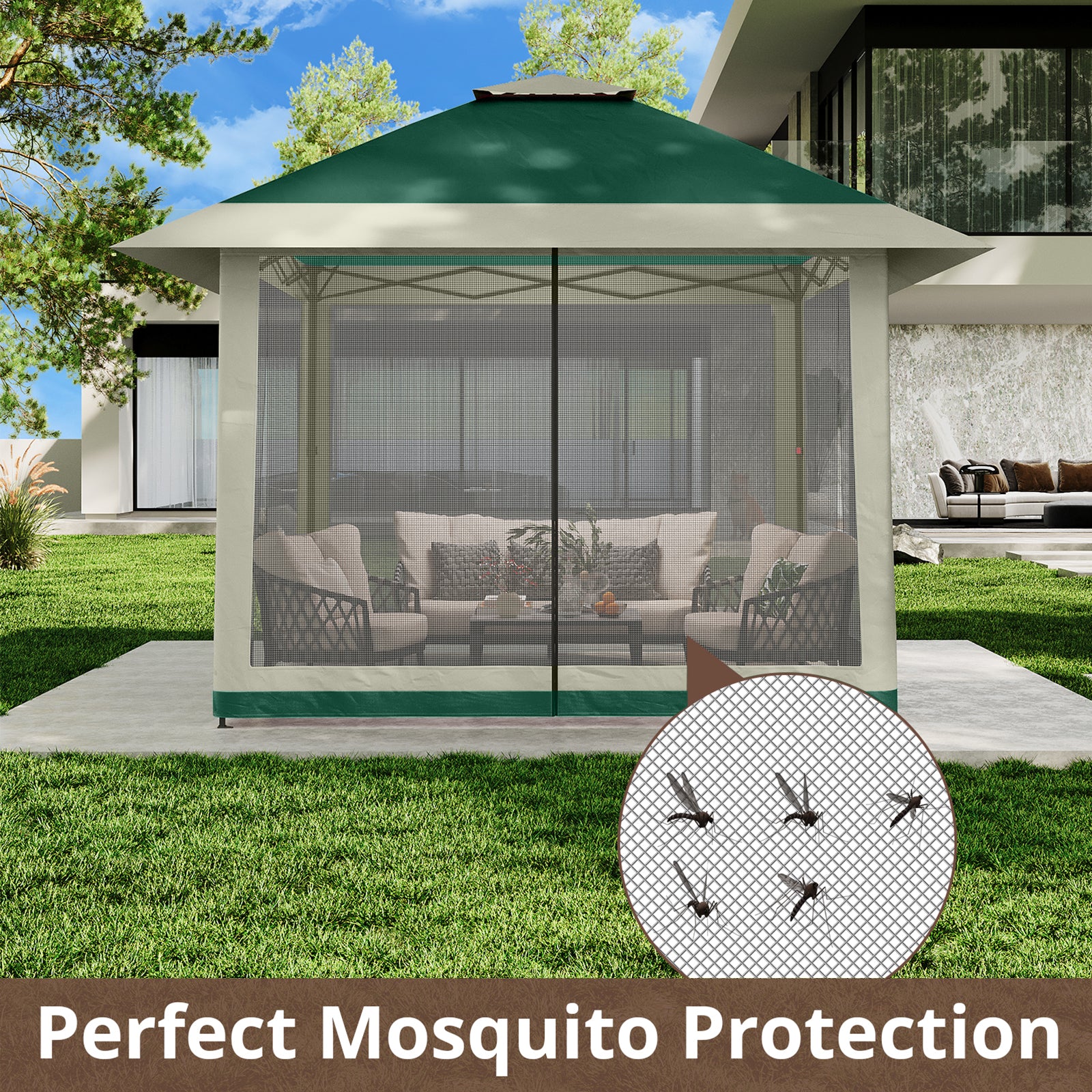 Garvee Gazebo Plegable de 396 x 396 cm con Mosquitera Perimetral y Estructura Reforzada, Protección UV 99%, Verde y Gris