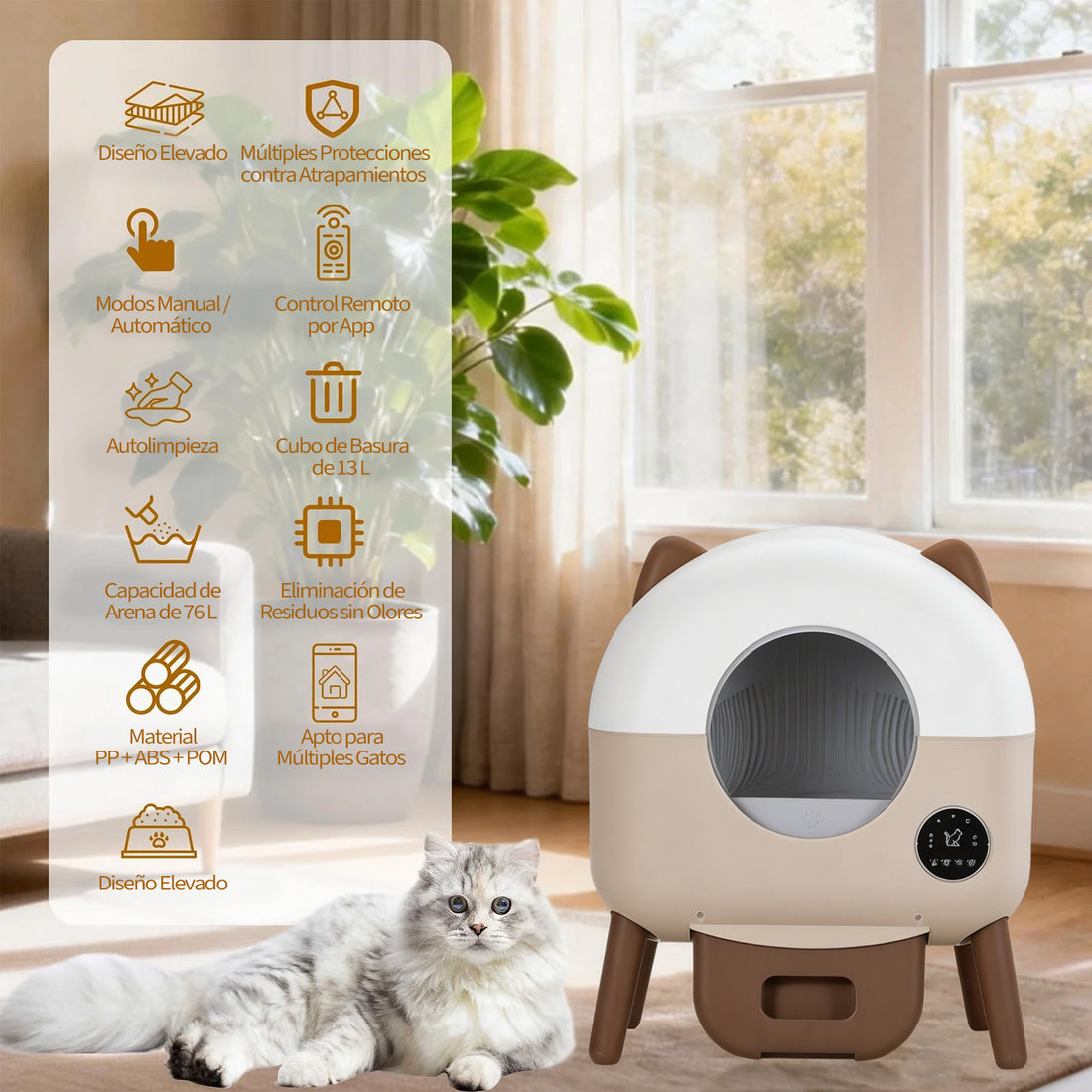 Garvee Arenero Autolimpiante Automático para Gatos Tambor 76 L Control por App Wi-Fi Triple Seguridad Blanco y Café