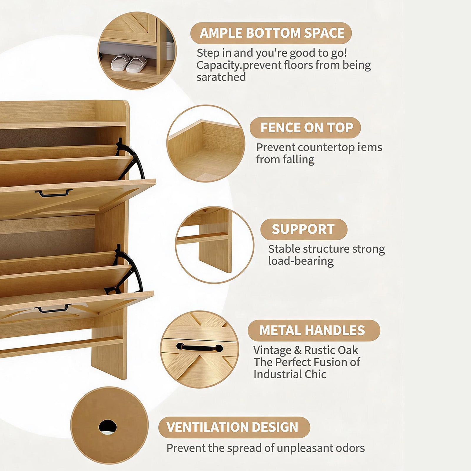 Garvee Zapatero Estrecho de Recibidor con 2 Cajones Abatibles Organizador de Zapatos Oculto de Madera MDF y Patas Metálicas Mueble Estilo Rústico, Madera Natural