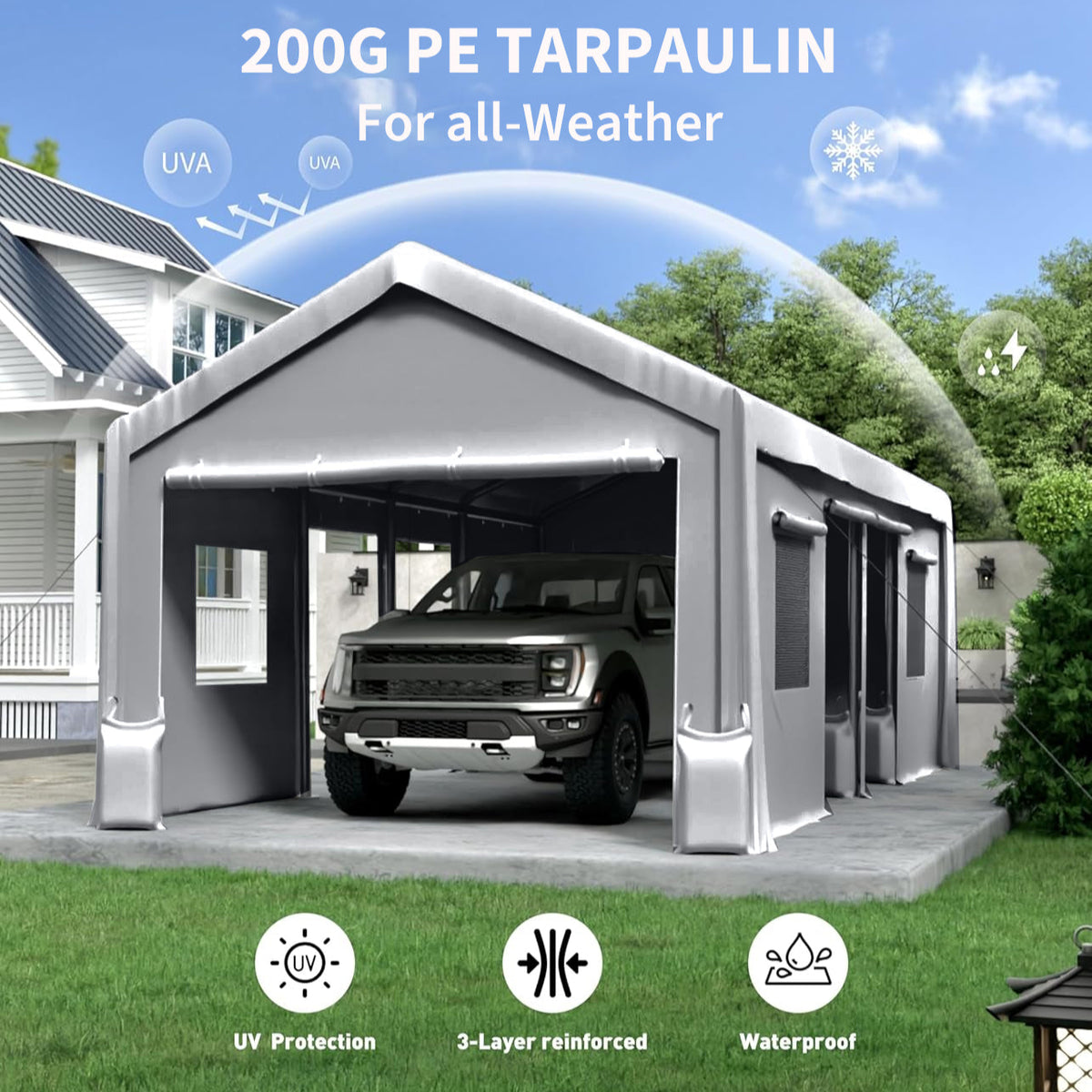 Garvee Cubierta de Repuesto para Cochera de 3 x 6 m en Tejido PE de 200 g/m², Impermeable y Protección UV, Bolas Elásticas Incluidas, Gris