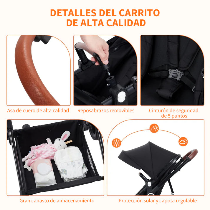 Carrito bebe 0-3 años marco aluminio resistente cinturón 5 puntos capota UV protección seguridad