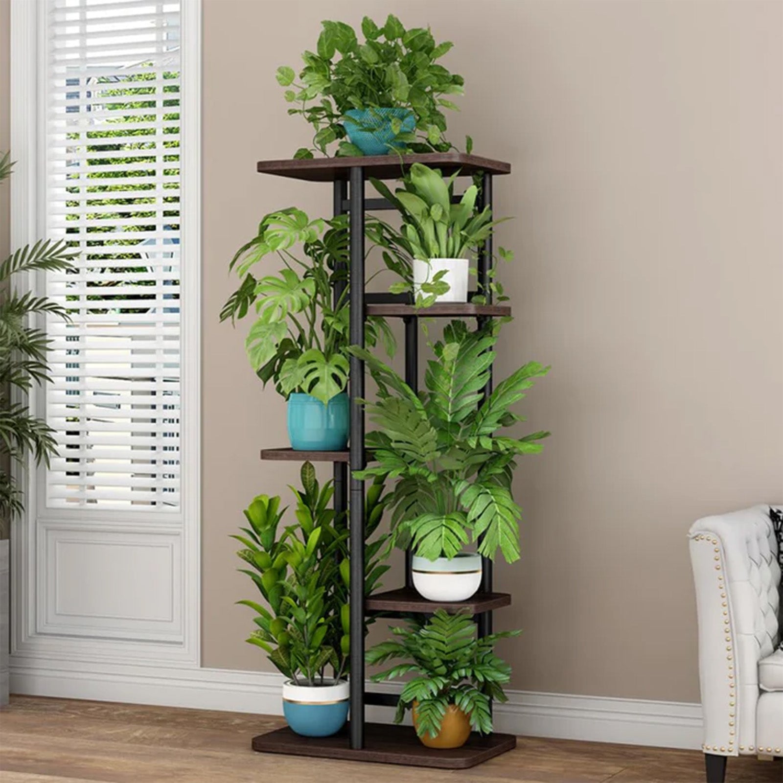 Garvee Soporte para plantas Garvee de metal, estantería de esquina alta de 5 niveles, estante para macetas para interior y exterior, estantería para sala de estar