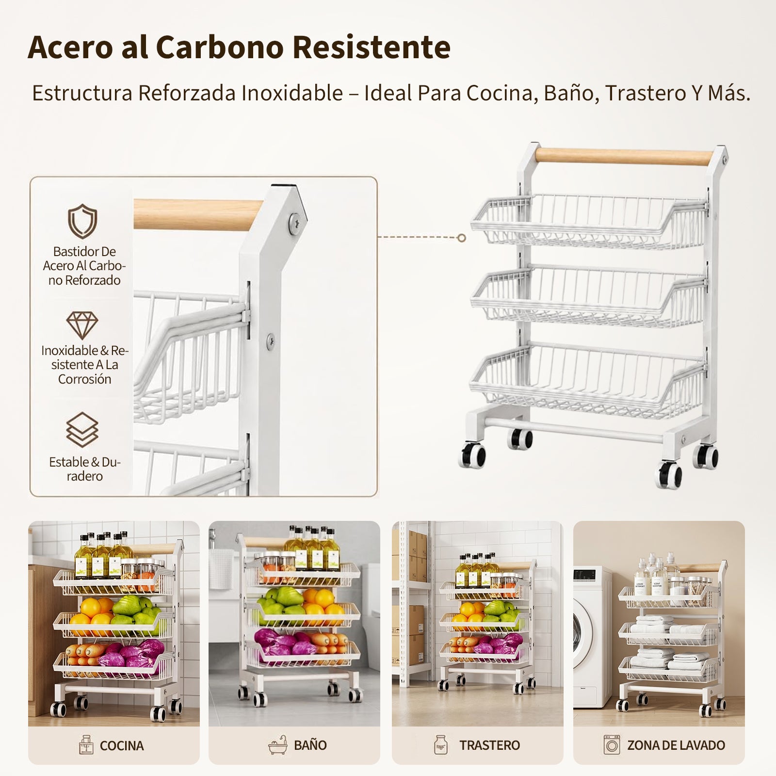 Garvee Carrito Organizador Móvil de Acero al Carbono de 3 Niveles con Ruedas Carro de Almacenamiento Multiusos para Cocina y Dormitorio Blanco