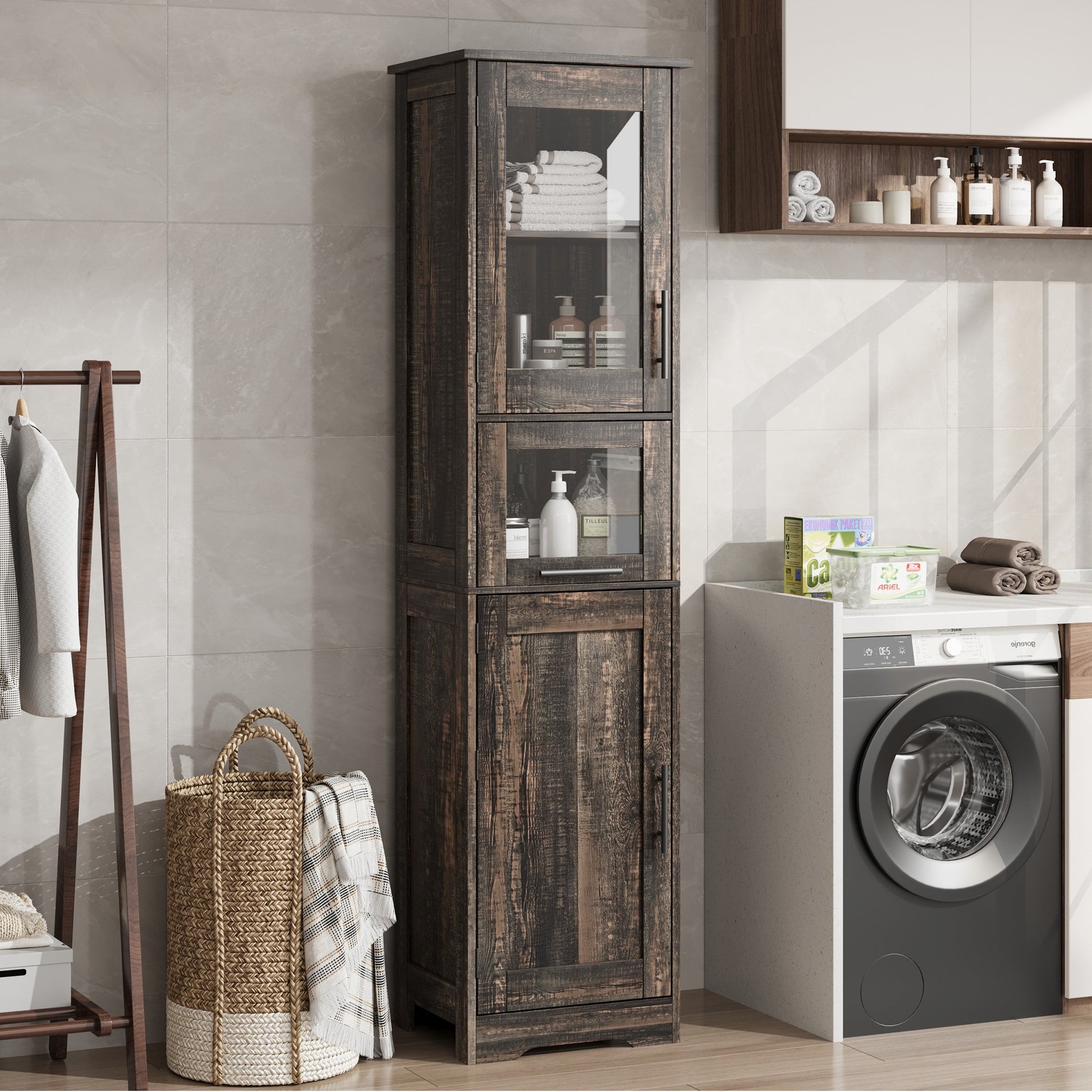 Garvee Armario Alto 170 cm Madera MDF Puerta Vidrio Templado Para Baño Cocina Diseño Compacto Blanco