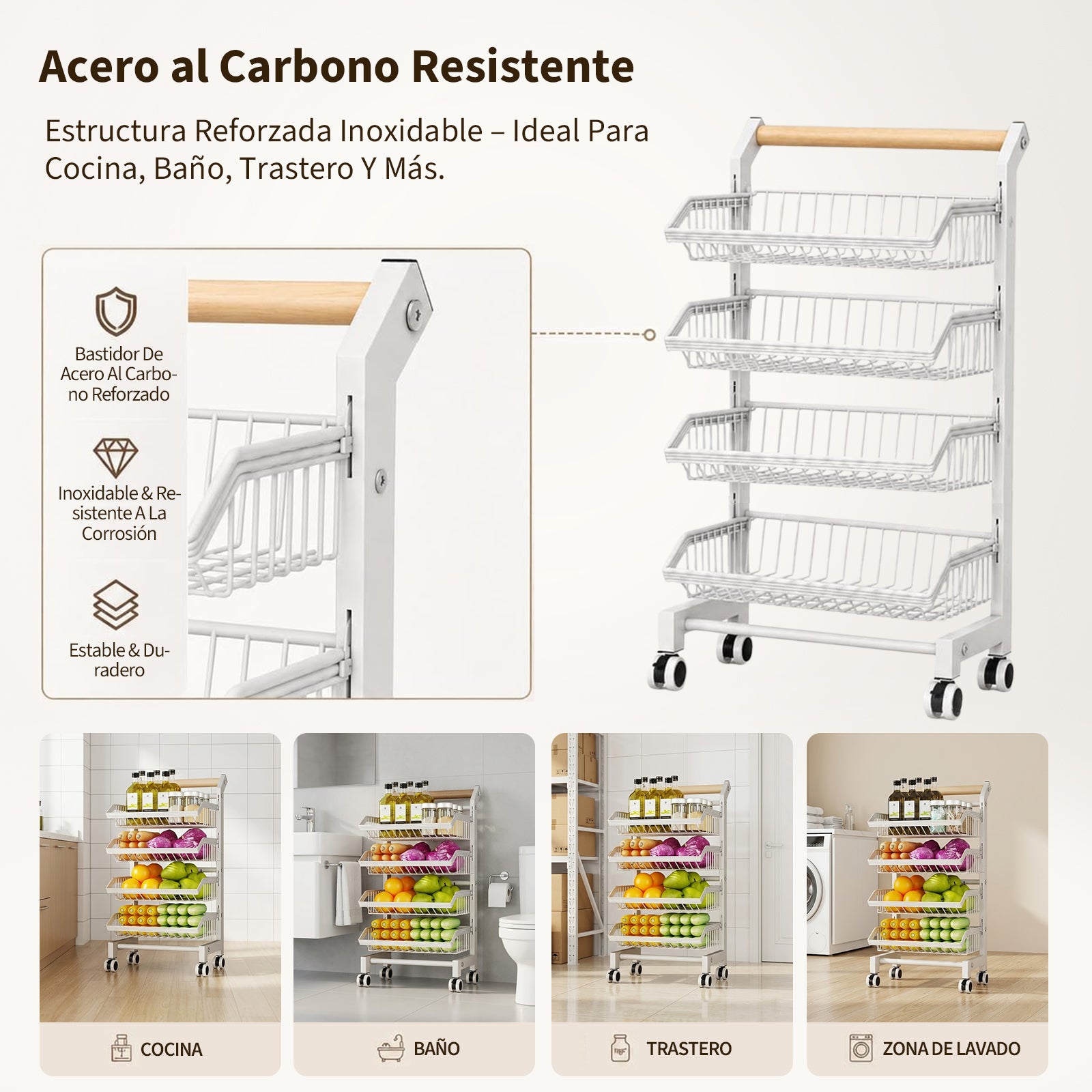 Garvee Carro Estrecho Organizador de 4 Niveles con Cajones de Hierro para Cocina Salón o Balcón Blanco