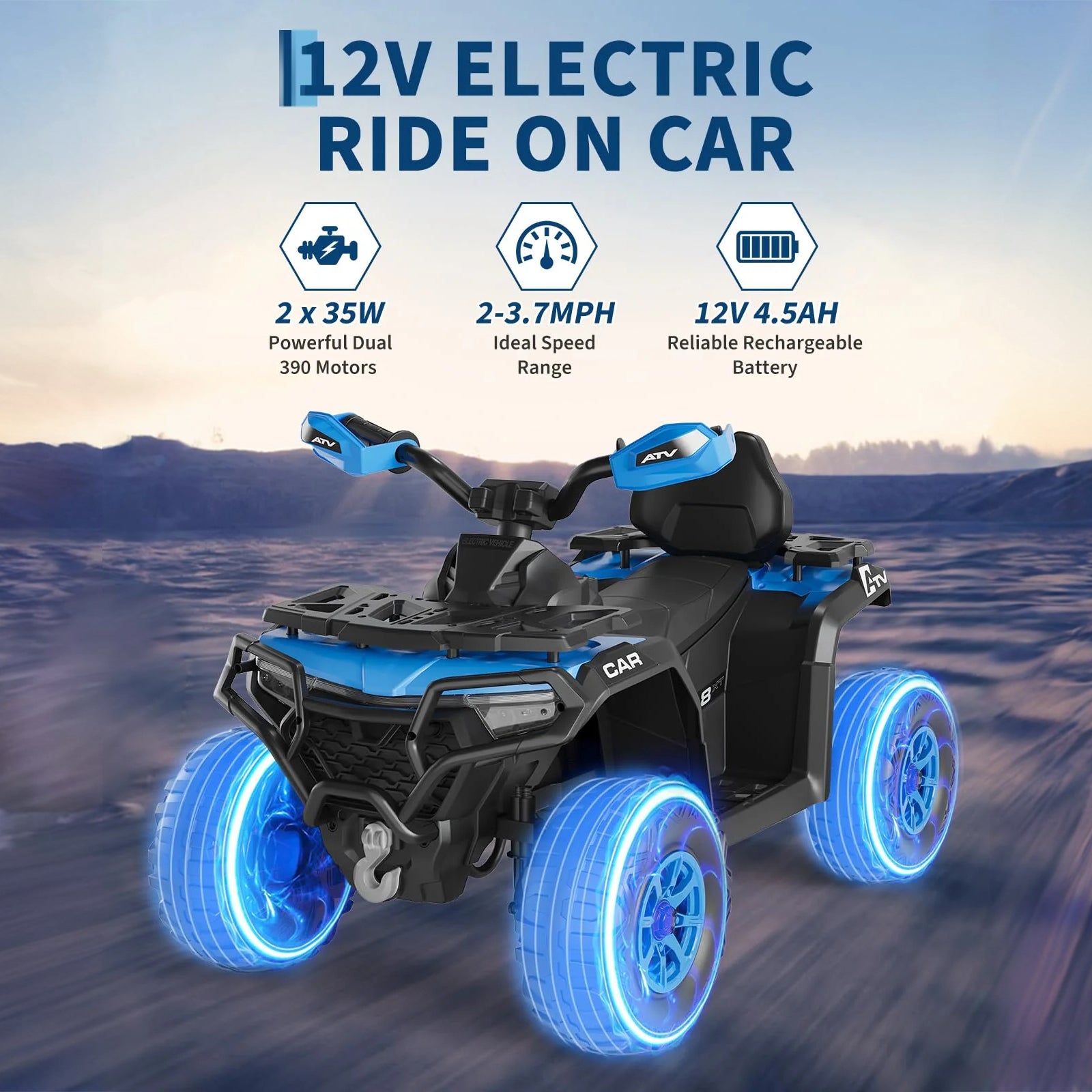 Garvee Quad Eléctrico 12V, Control Remoto, 2 Motores Potentes, Suspensión, LED, Bluetooth, Música, USB, 3-8 años, Exterior, Azul