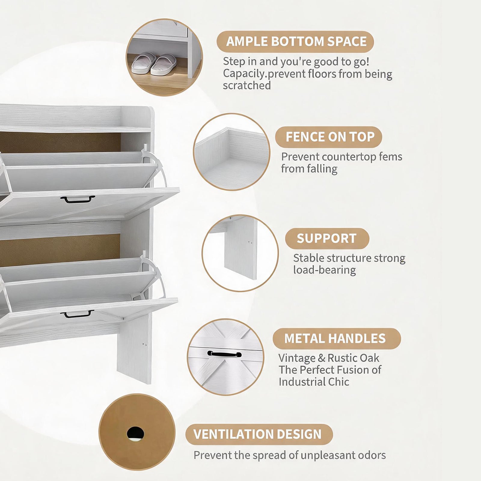 Garvee Zapatero Estrecho de Recibidor con 2 Cajones Abatibles Organizador de Zapatos Oculto de Madera MDF y Patas Metálicas Mueble Estilo Rústico, Blanco