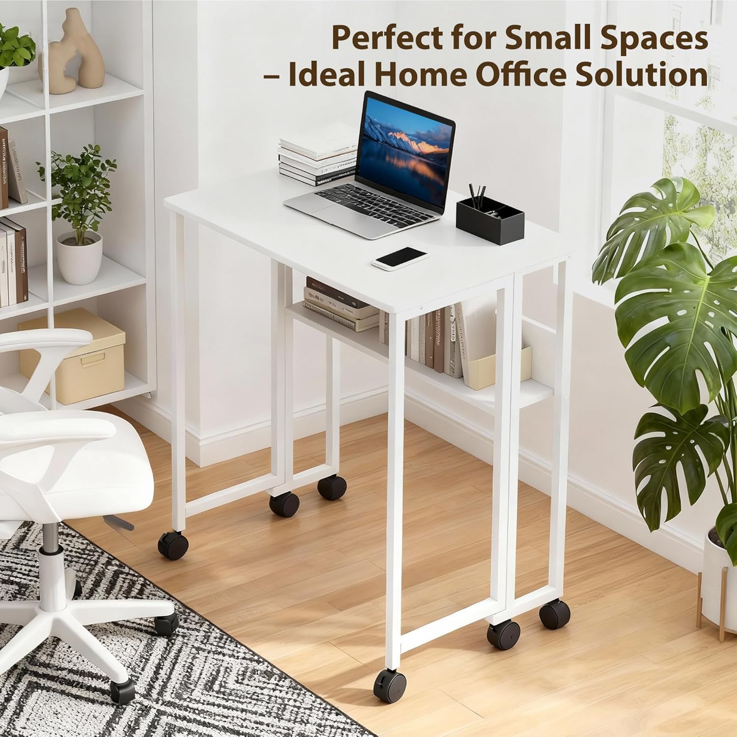 Garvee Escritorio Plegable con Ruedas y Estante de Almacenamiento de 63x50x75 cm, Mesa de Ordenador Compacta de Color Blanco