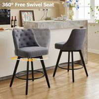 Garvee Taburetes de Bar Modernos Giratorios con Respaldo, Asiento Acolchado de Lino Gris, Patas de Madera Sólida, Altura 66 cm para Cocina y Bar en Casa