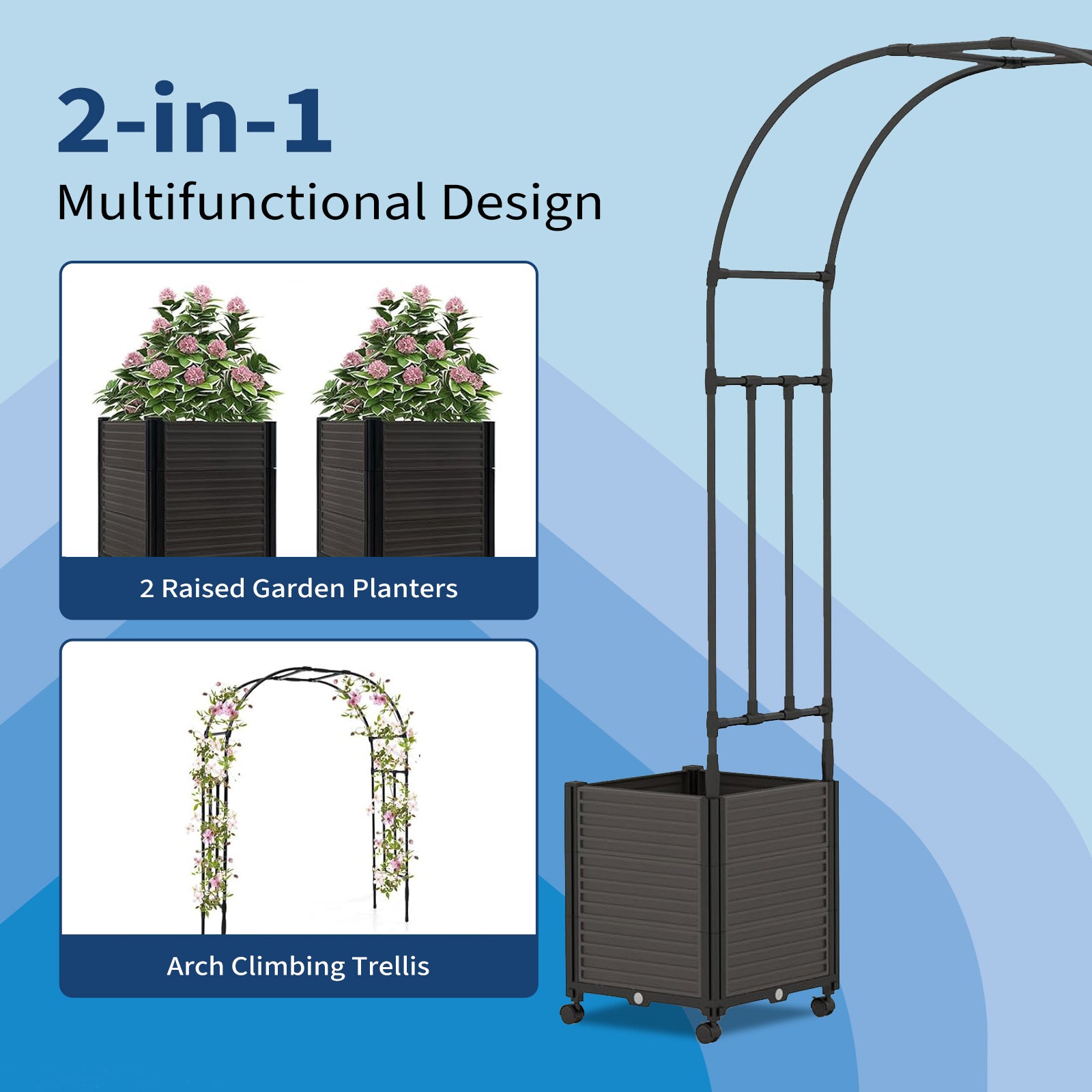Garvee Arco de Jardín con Jardinera y Ruedas 220x240 cm, Set de Cama de Cultivo Profunda con Enrejado para Plantas Trepadoras, PP Resistente, Negro