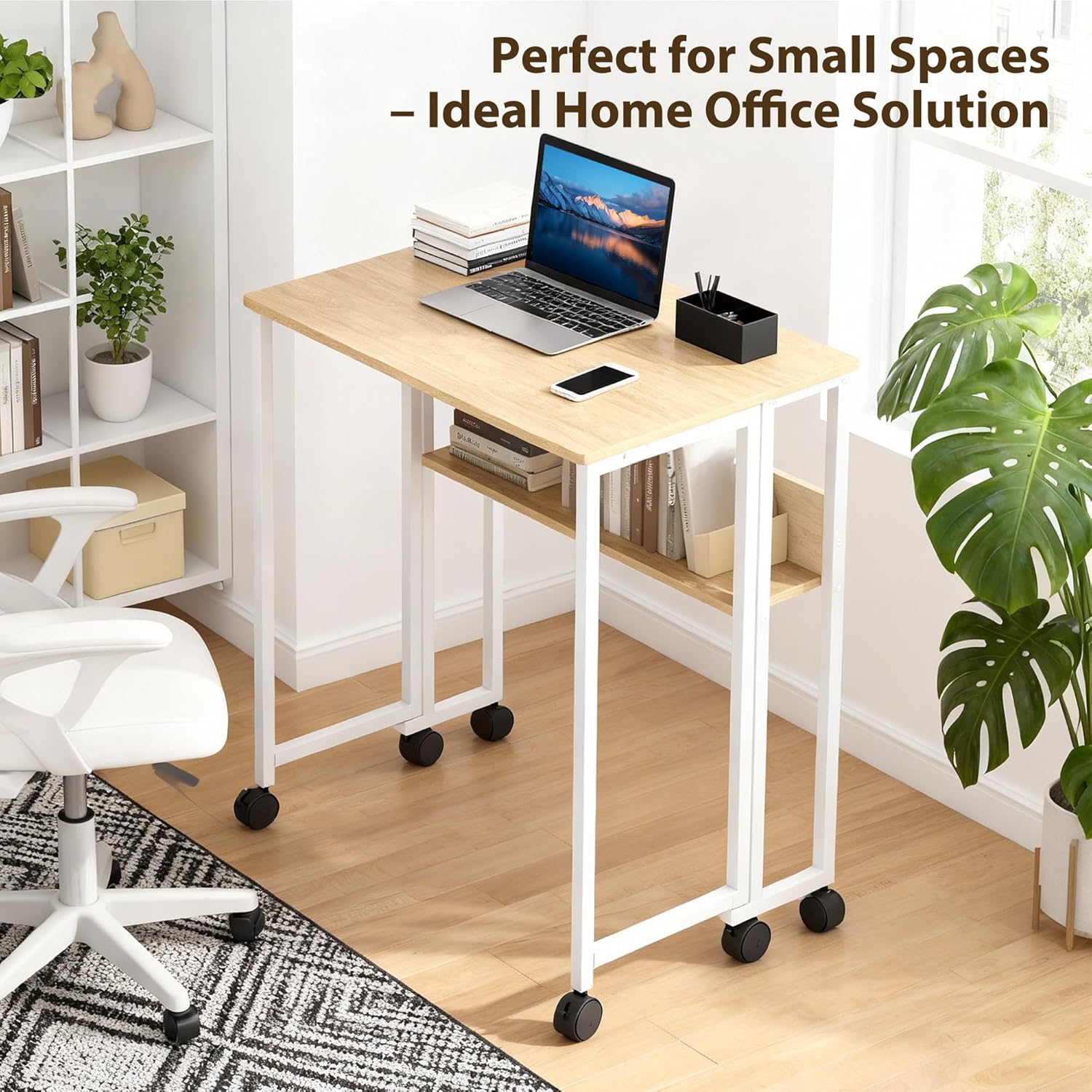 Garvee Escritorio Plegable con Ruedas y Estante de Almacenamiento de 63x50x75 cm, Mesa de Ordenador Compacta de Madera Natural y Acero