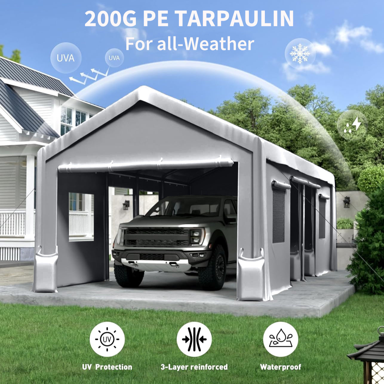 Garvee Cubierta Superior de Repuesto para Cochera de 610 x 396 x 335 cm, PE 180 g/m² Impermeable y Protección UV 50+, Gris