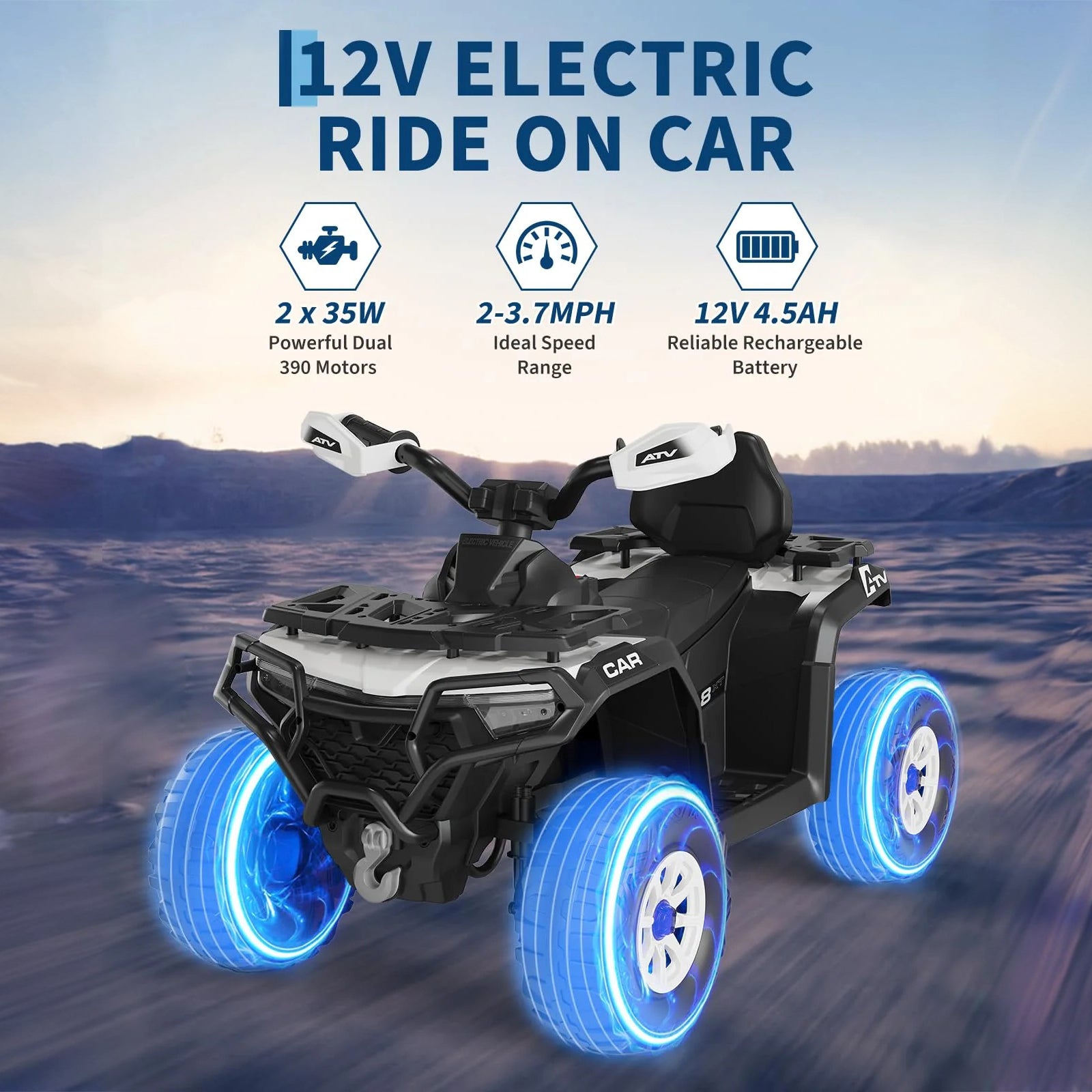Garvee Quad Eléctrico 12V, 2 Motores, Suspensión, LED, Bluetooth, Música, USB, Control Parental, ATV Offroad, 3-8 años, Exterior, Blanco