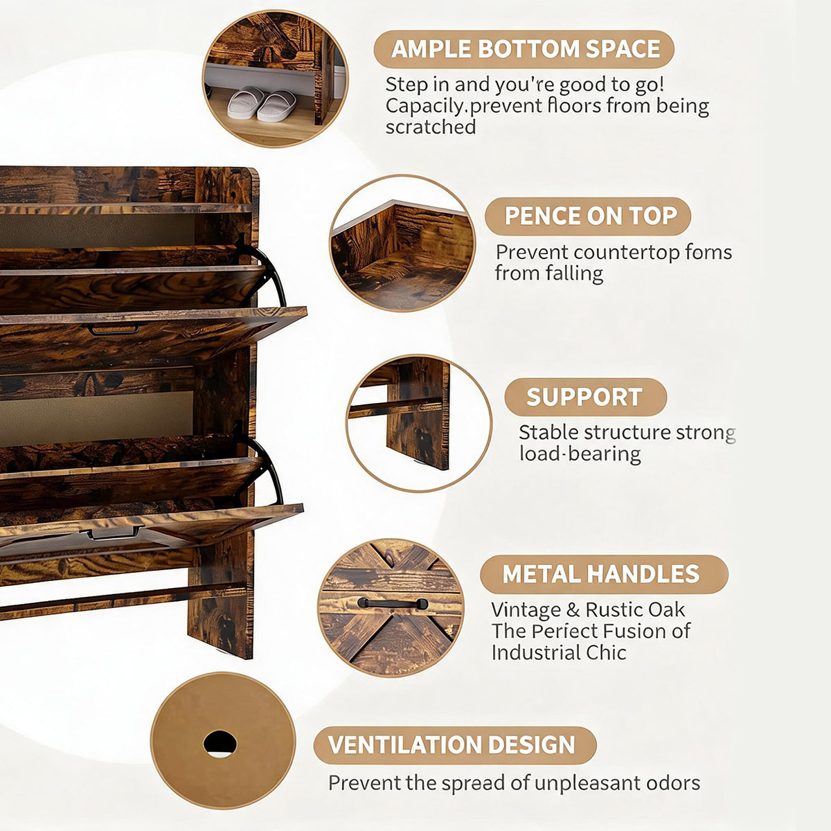 Garvee Zapatero Estrecho de Recibidor con 2 Cajones Abatibles Organizador de Zapatos Oculto de Madera MDF y Patas Metálicas Mueble Estilo Industrial Rústico, Marrón