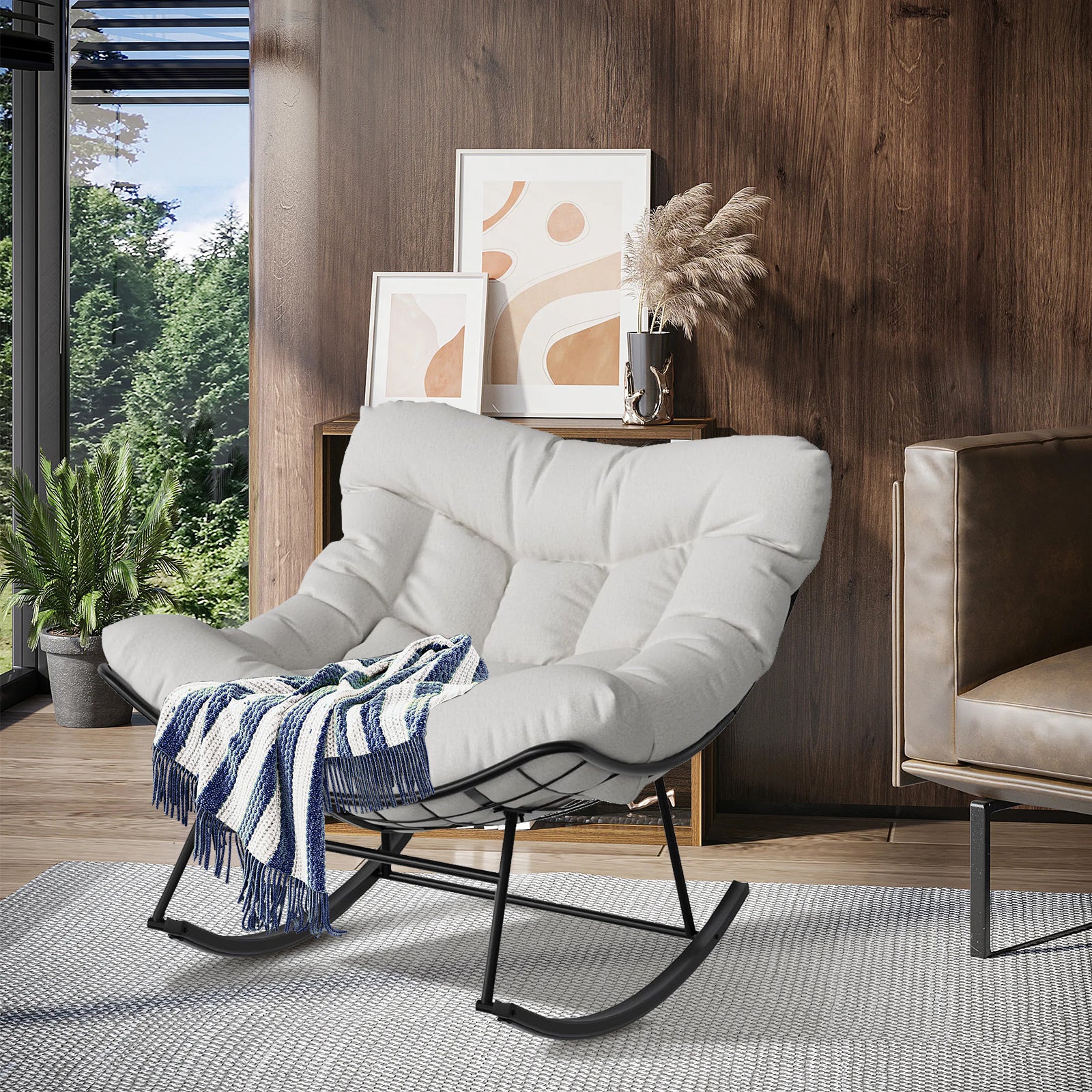 Garvee Silla Mecedora de Patio Grand con Reposapiés Acero Resistente Cojín Cómodo para Balcón y Porche