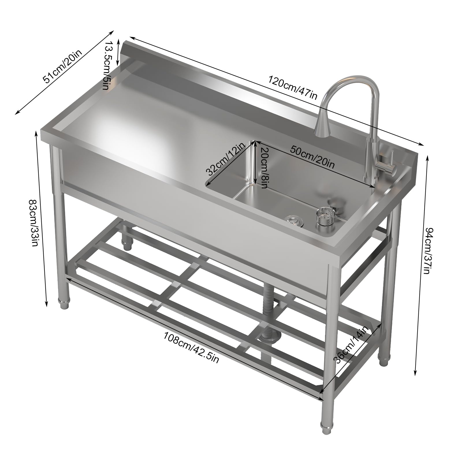 Garvee Lavadero Utility Acero Inoxidable 120x51x92cm Diseño Tazón Regadera Grifo Extraíble Cocina Jardín