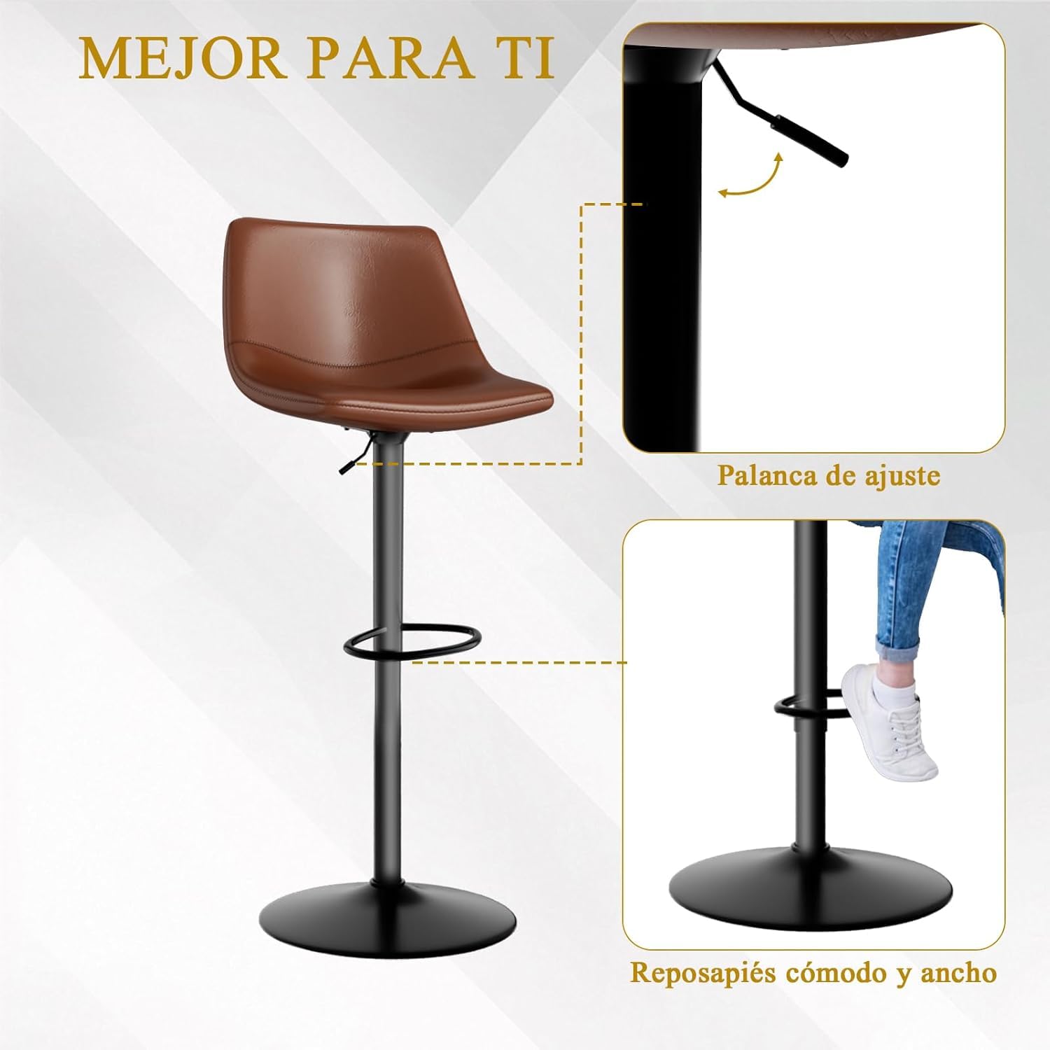 Garvee Pack de 4 Taburetes de Bar Giratorios Ajustables 61-81 cm, Cuero PU Café, Respaldo Alto Ergonómico, Base Metálica Negra, para Cocina y Comedor