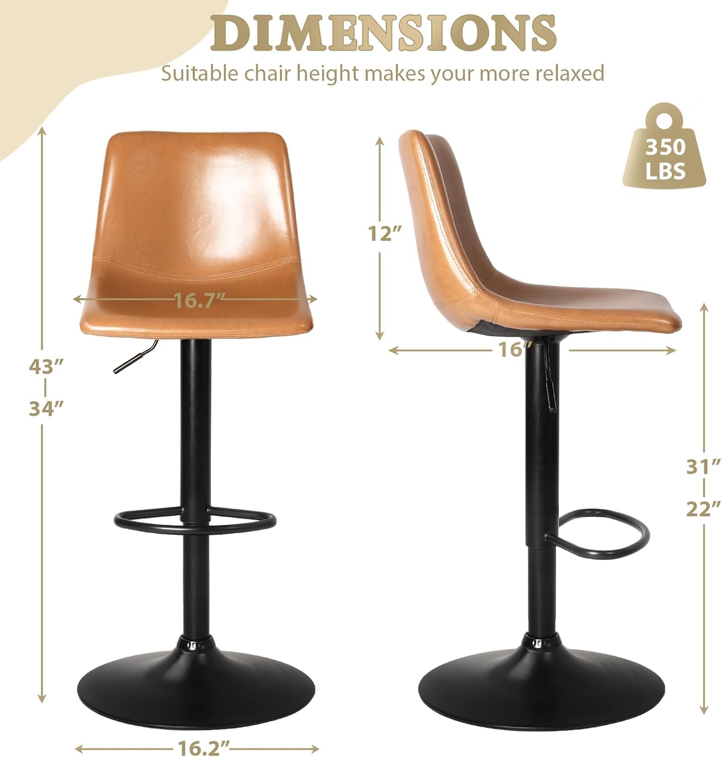Garvee Juego de 4 Taburetes de Bar Giratorios de Hierro y PU, Altura Ajustable 61-81cm, Marrón, Respaldo Alto Reposapiés Metal para Cocina Isla y Barra