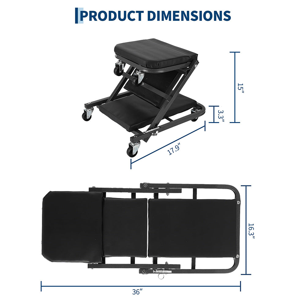 Garvee Asiento Mecánico Plegable 2 en 1 Z-Creeper 91cm 6 Ruedas Giratorias Acero Resistente 149.7kg Carga Máxima con 2 Pares de Guantes para Taller de Reparación Automotriz Negro