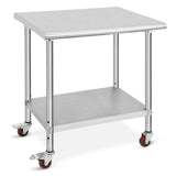 Garvee Mesa de Trabajo de Acero Inoxidable 76x61x89 cm Doble Capa con Estante Ajustable y Ruedas Resistente Fácil de Limpiar Cocinas Restaurantes - Con Ruedas
