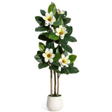 Garvee Árbol de Magnolia Artificial con 3 Troncos de Madera Real para Amantes de la Decoración en Salón o Recibidor 120cm Blanco - Blanco