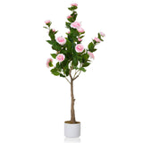 Garvee Árbol Artificial de Camelia 119cm 2 Pack con Flores Rosas, Maceta Blanca Estable para Decoración Interior y Oficina - Pink-2 Pack