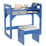 Garvee Escritorio y Silla Infantil de Madera con Almacenaje y Taburete Acolchado para Dormitorio y Sala de Juegos, Estudio Estable, Fácil de Limpiar - Azul