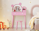 Garvee Set de Tocador Infantil con Luces LED y Forma de Oso, Escritorio y Taburete de Madera para Niñas, Diseño Seguro, Almacenaje Amplio, Color Natural - Rosa
