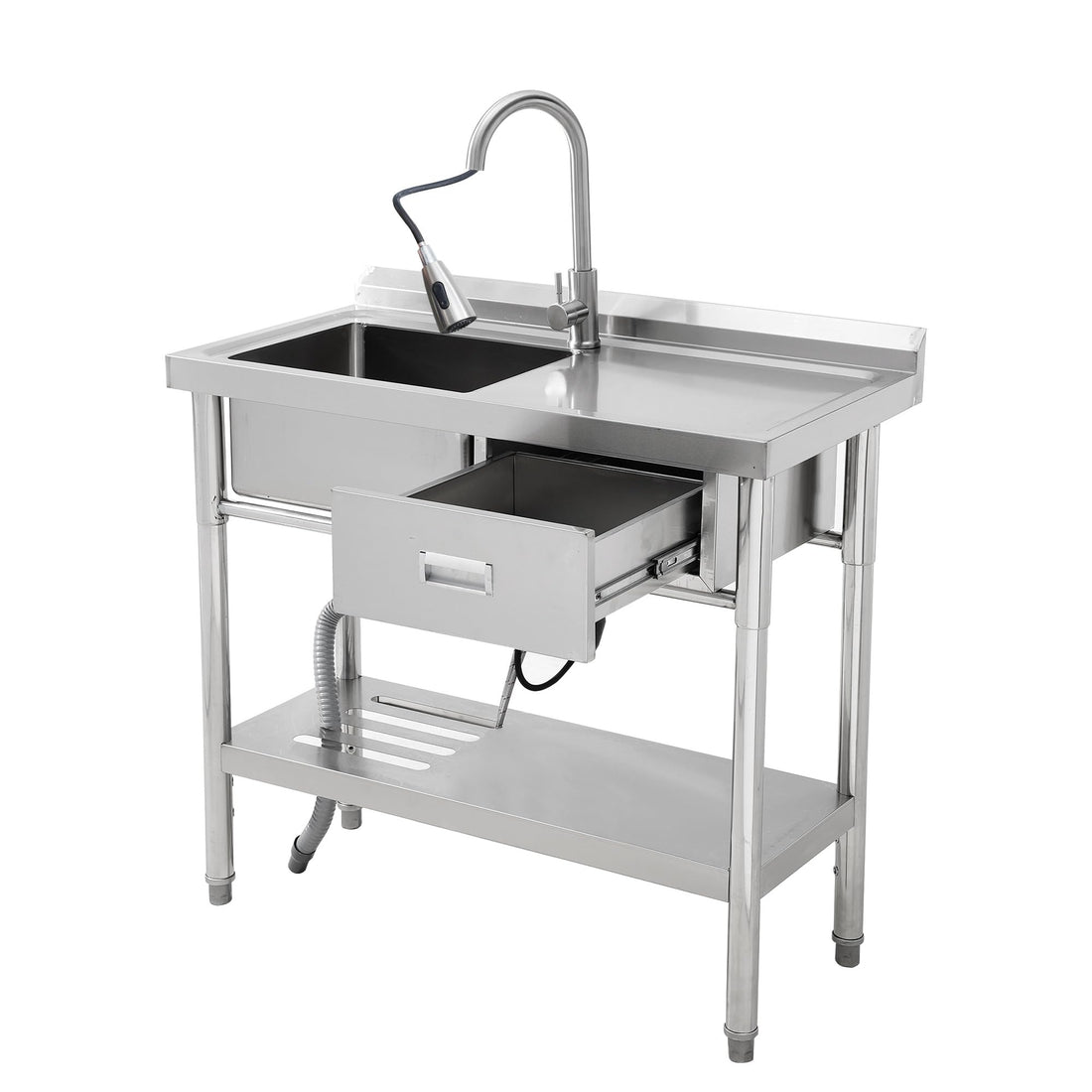Garvee Fregadero Utility de Pie de 99 cm de Acero Inoxidable 201, Cubeta Única, Cajones, Estante Inferior, Grifo Extraíble de Agua Fría y Caliente, con 100 Filtros de Residuos, para Cocina y Lavandería, Plata