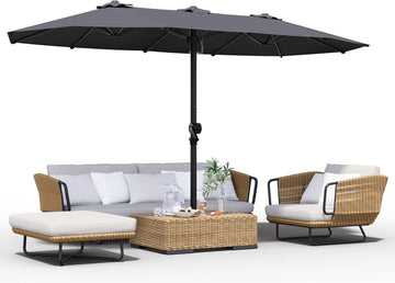 Garvee Sombrilla Doble de Jardín 4,6 x 2,7 m, Parasol Rectangular Grande con Manivela y 12 Varillas de Acero para Terraza y Patio, Gris