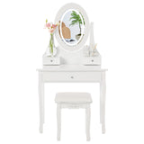 Garvee Escritorio Tocador con Espejo Oval Iluminado y Taburete, 3 Modos de Luz, 5 Cajones Grandes, MDF y Pino, Moderno para Dormitorio, Blanco