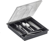 Garvee Caja de Cubiertos con Tapa, 5 Compartimentos, Antipolvo, Extraíble, Compacta, Gris, 23x15x1.5cm, para Almacenamiento de Cocina en Cajones - Base Gris & Cubierta Transparente