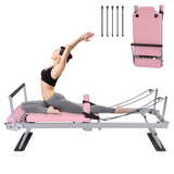 Garvee Máquina Pilates Reformer Plegable Rosa con Cuerdas de Resistencia, Estructura Metálica, Compacta para Casa, Ajustable, 197×57×72 cm - 196.85 cm Rosa con Cuerdas Negras de Resistencia Igual