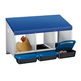 Garvee Caja de Nido para Pollos 3 Compartimentos, Metal Zinc Galvanizado Mango de Plástico, Bandejas Extraíbles, Diseño Rodante, Fácil Limpieza, Montaje en Pared O Libre, Ideal Gallineros, Azul - Azul