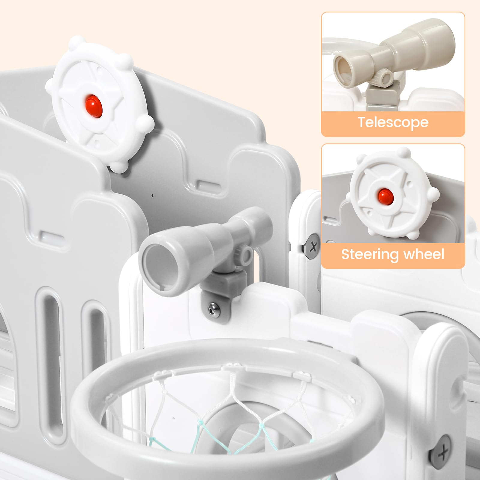 Garvee Juegos Infantiles 8 en 1 de HDPE Ecológico para Niños de 1-3 Años, Tobogán Seguro y Estable con Aro de Baloncesto, Volante y Telescopio, Color Gris y Blanco, Cumple Normas Europeas