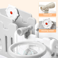 Garvee Juegos Infantiles 8 en 1 de HDPE Ecológico para Niños de 1-3 Años, Tobogán Seguro y Estable con Aro de Baloncesto, Volante y Telescopio, Color Gris y Blanco, Cumple Normas Europeas