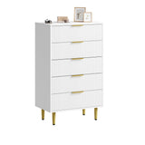 Garvee Cómoda Fluted De Madera Con 5 Cajones, Tiradores Metálicos, Minimalista Para Dormitorio Y Sala, MDF Resistente, Antivuelco, Varias Medidas Y Colores - Blanco