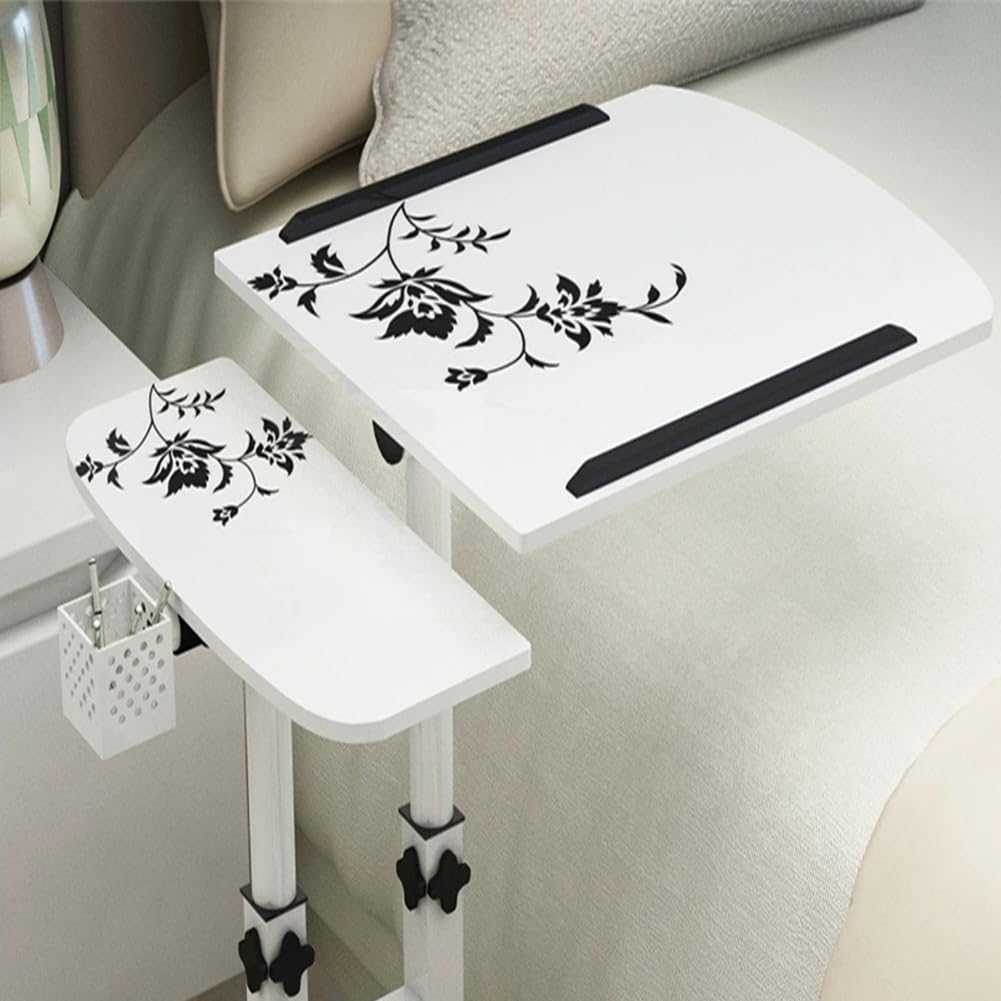 Garvee Mesa Auxiliar para Ordenador en Forma de C, Escritorio Portátil con Ruedas Ajustable en Altura 65-95 cm, Blanco con Textura
