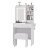 Garvee Coiffeuse Con Espejo LED Y Taburete Relleno Blanco Para Dormitorio, 3 Modos Luz, Carga Integrada, Almacenaje Múltiple - Blanco